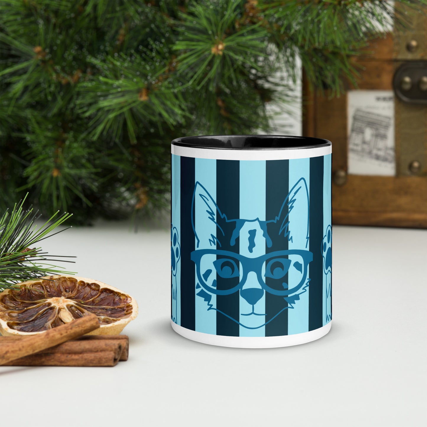 Stylish Striped Mug with Spectacled Cat