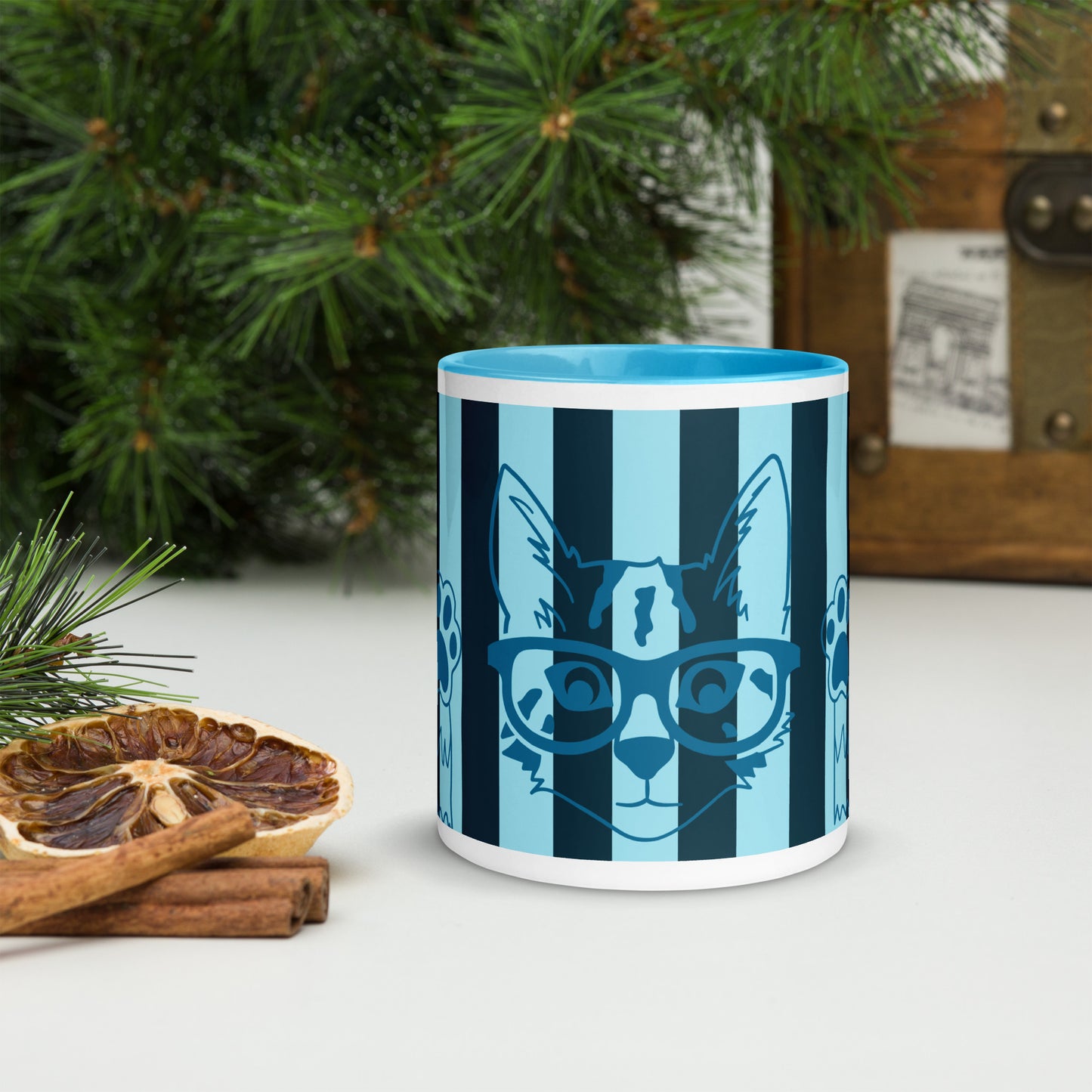 Stylish Striped Mug with Spectacled Cat