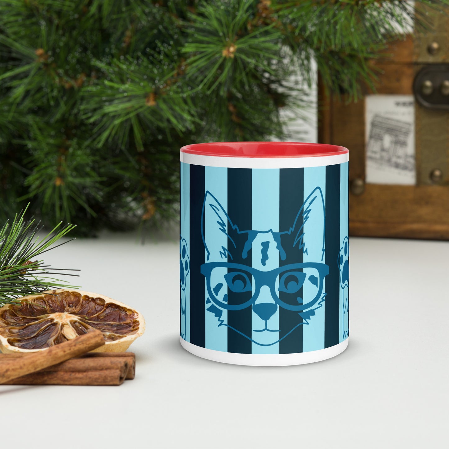 Stylish Striped Mug with Spectacled Cat