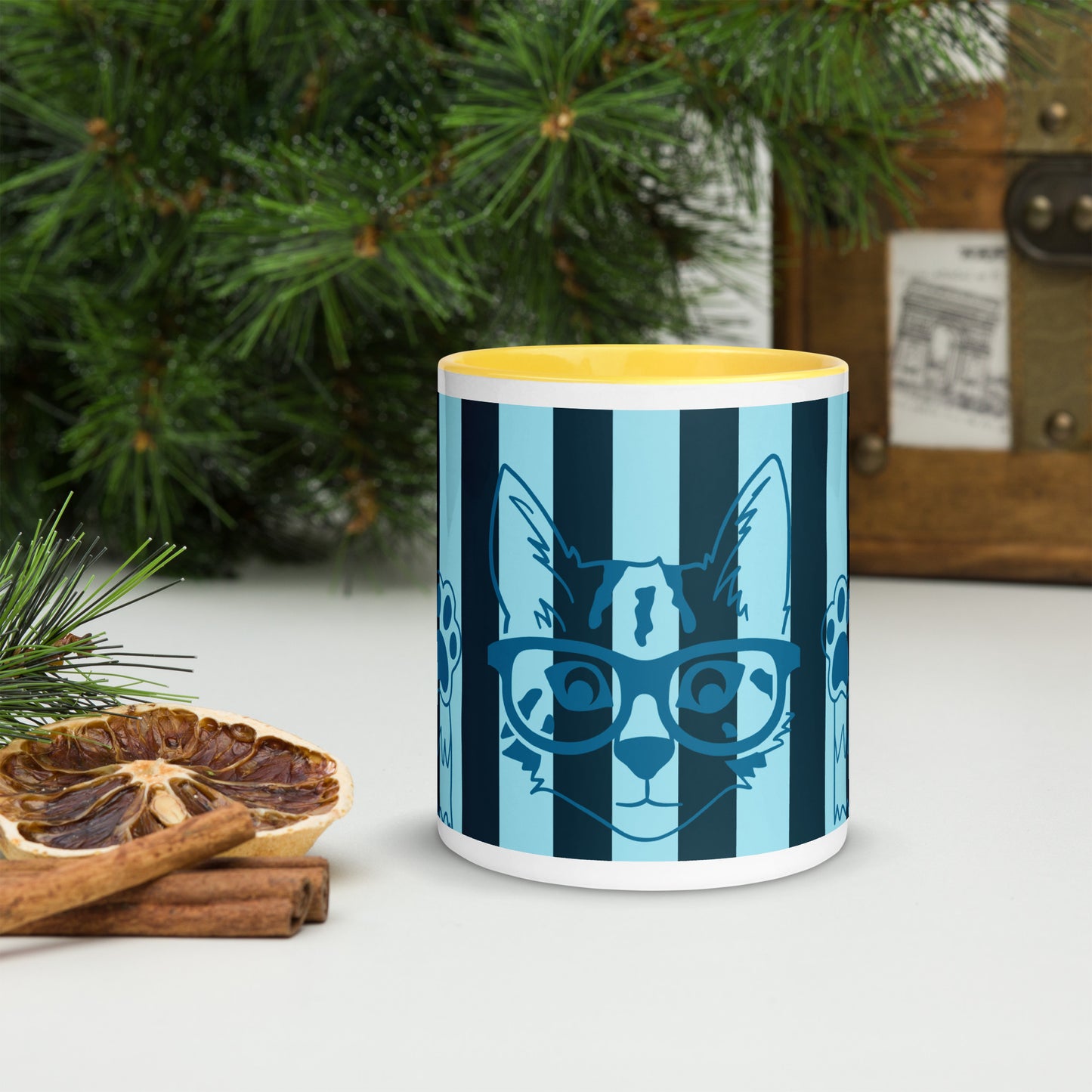 Stylish Striped Mug with Spectacled Cat